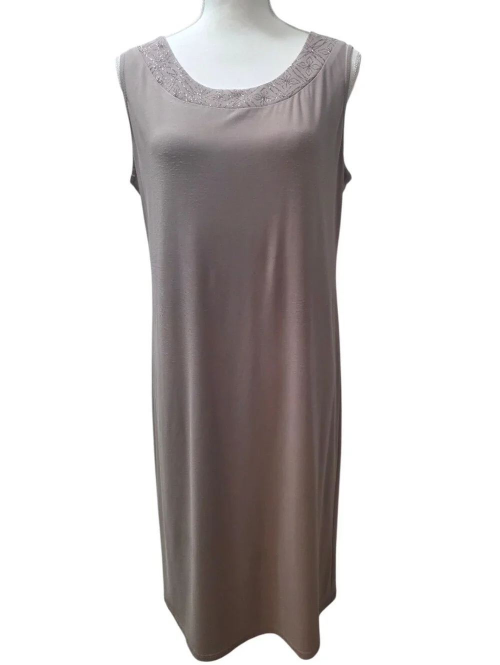 R&M Richards Size 12 Taupe Shimmer Trim Dress & Sheer Sleeve Jacket Set EUC